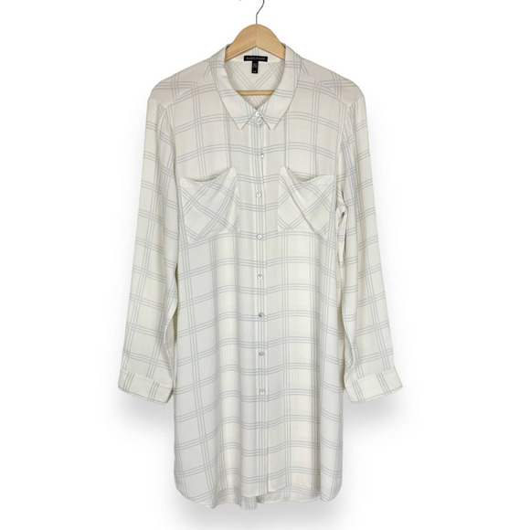 Eileen Fisher White Window Pane Button Down Tunic Top Size Large 100% Silk - Picture 5 of 14